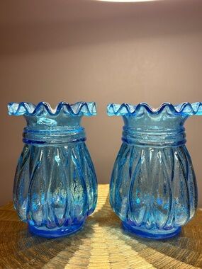 Vintage Kanawha Glass Blue Ruffled Vases – Set of 2, EVC